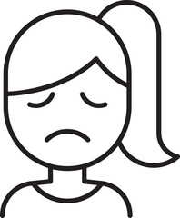 Sad cartoon girl with a ponytail line icon
