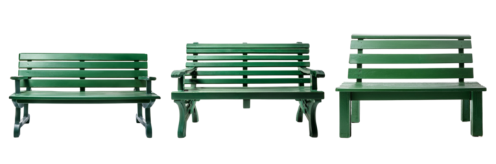Three green benches in a row, showcasing modern park furniture design and comfort.