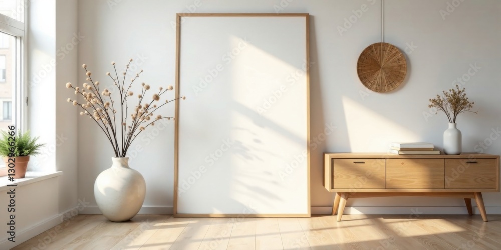 Aufkleber sunlit minimalist interior design featuring a large blank canvas and natural elements