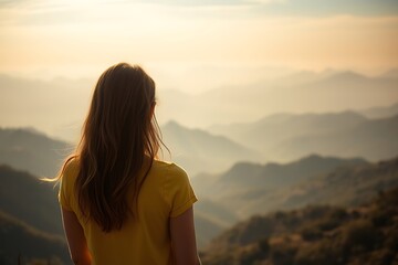 Fototapeta premium Girl with Tan Skin and Windblown Hair Standing in a Grassy Field with Misty Mountains and Valleys in the Background