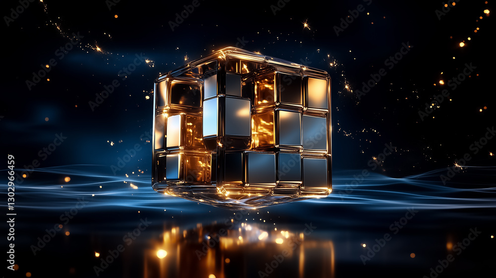 Poster floating serenely in a cosmic void, a massive cube made of numerous smaller cubes glimmers with ligh