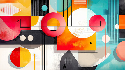 Obraz premium A vibrant and energetic abstract collage with bold colors, geometric patterns, and collaged elements that create a playful and dynamic effect , 2d whimsical illustration cartoon style