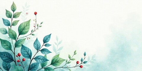 Serene Watercolor Botanical Corner Design Featuring Lush Greenery and Vibrant Red Berries on a Soft, Light Blue Background Ideal for Elegant Invitations and Delicate Stationery