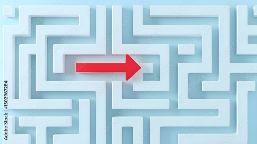 Poster white maze with red arrow pointing right on light blue background
