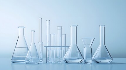 Assortment of Glassware and Laboratory Equipment on Light Blue Background