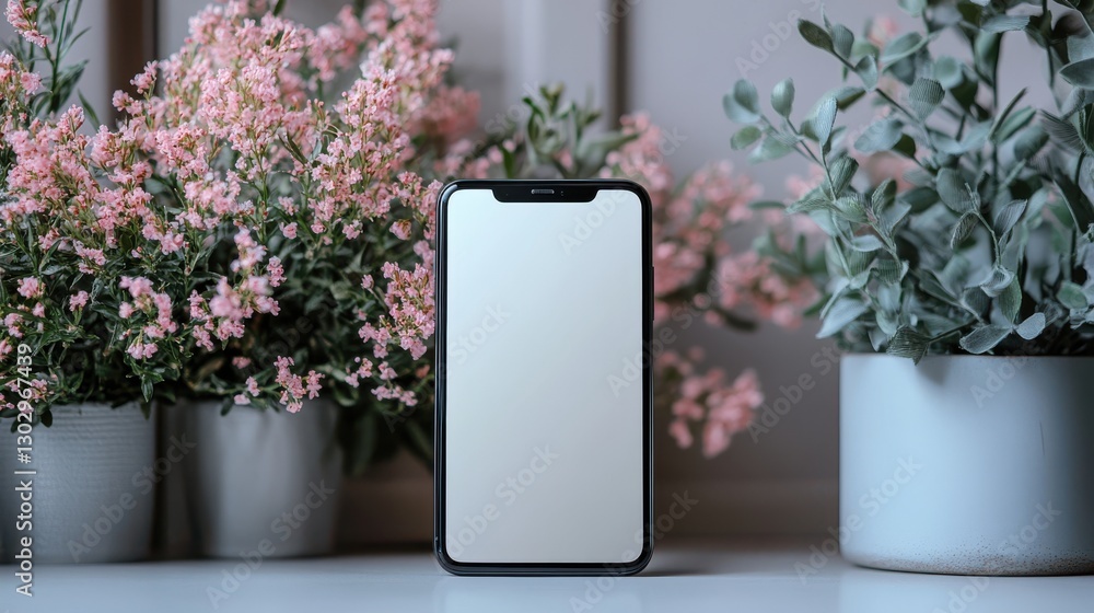 Poster minimalistic smartphone with blank screen display on a white surface