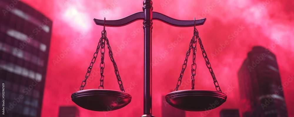 Poster A symbolic image of a balanced scale set against a dramatic red background, representing justice and law in an urban environment.