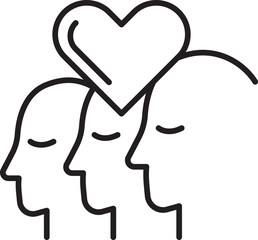 Three heads with a heart symbol above them line icon