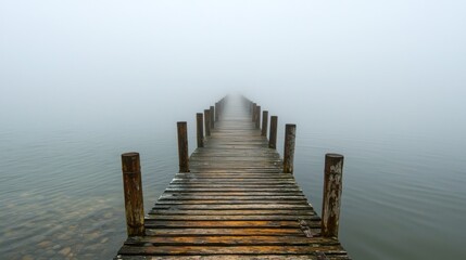 Fototapeta premium A wooden pier disappearing into the mist, creating a mysterious atmosphere