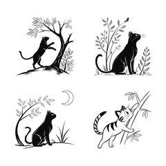 Elegant Black and White Cat Illustrations in Nature
