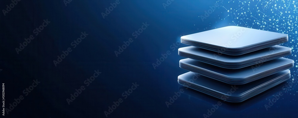 Poster a stack of sleek, modern computer chips or processors is depicted against a deep blue background, su