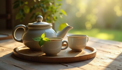 Fototapeta premium Elegant tea setup with teapot and cups on a wooden tray in a cozy green atmosphere