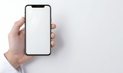 Hand Holding Smartphone with Blank Screen on White Background
