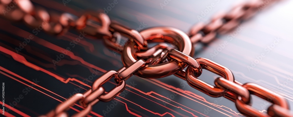 Poster A close-up image of a copper chain interlocked with a round link against a dark, patterned background, emphasizing strength and connection.