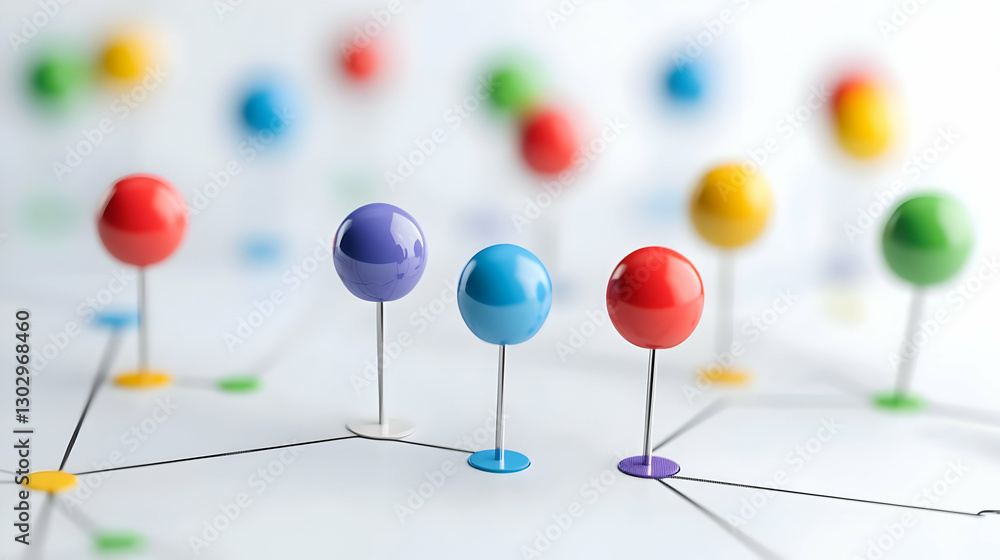 Poster colorful push pins on abstract background with lines and circles