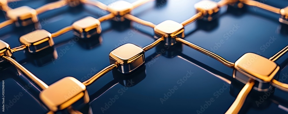 Poster A close-up view of interconnected golden squares on a sleek black surface, symbolizing technology and networking.