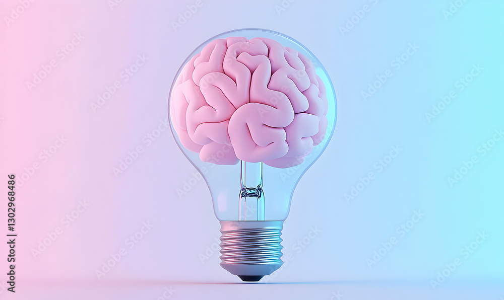 Poster light bulb concept with brain inside representing ideas and creativity