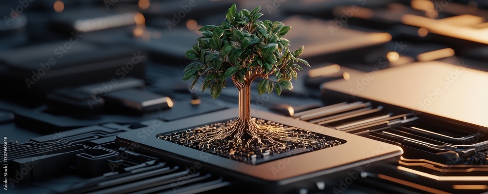 Poster A small tree growing from a computer chip, symbolizing the fusion of nature and technology in a visually striking manner.