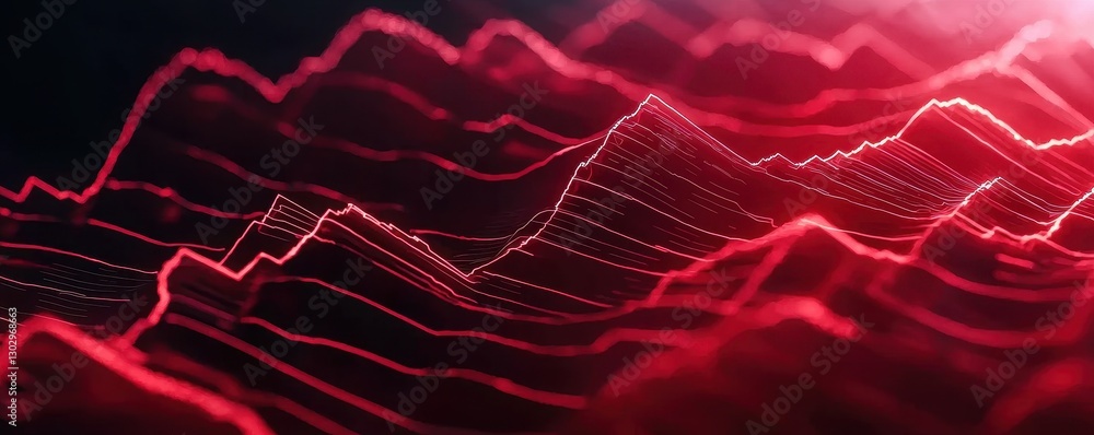Poster A vibrant, abstract representation of red waveforms, illustrating dynamic data patterns or sound waves in a digital landscape.