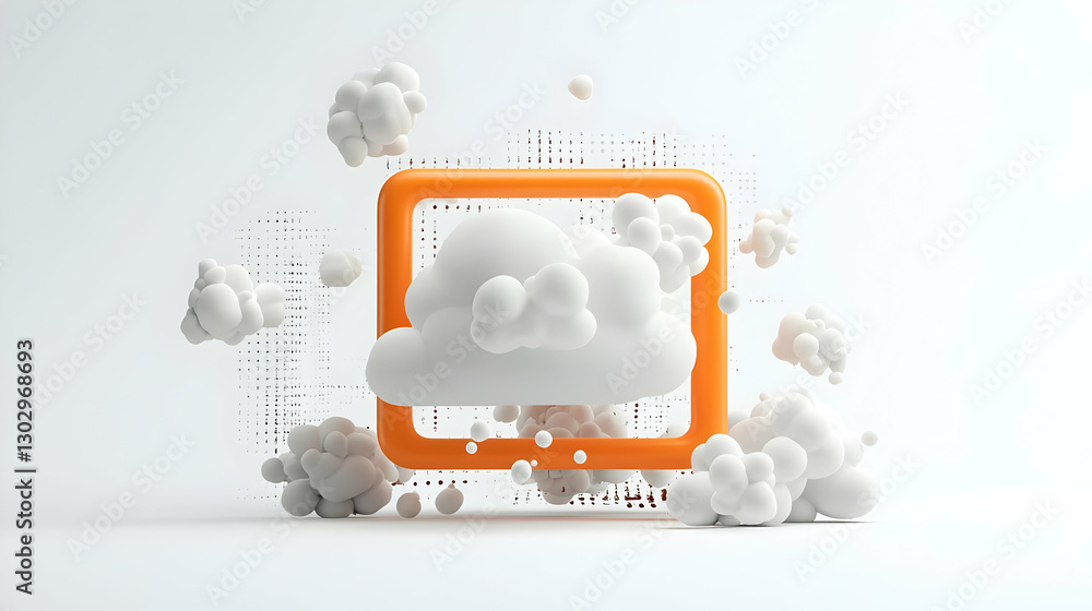 Poster abstract cloud concept with orange frame and white shapes floating