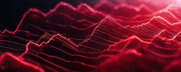 Naklejka premium A vibrant, abstract representation of red waveforms, illustrating dynamic data patterns or sound waves in a digital landscape.