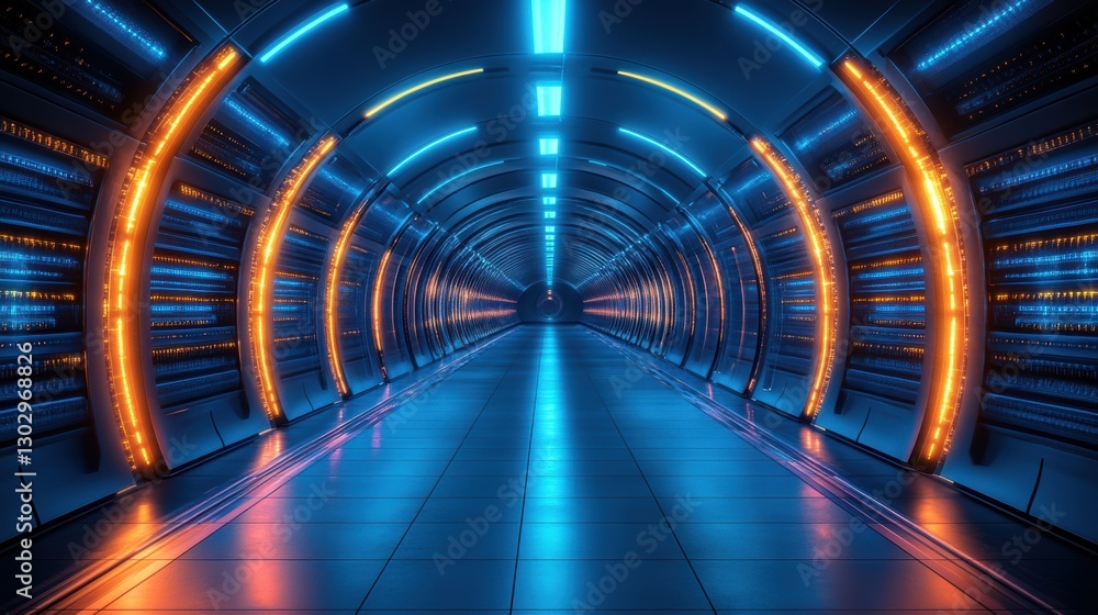 Poster modern data center with rows of servers and blue led lighting background