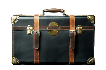 Vintage Black Suitcase with Brown Leather Straps and Brass Hardware - Retro Travel Accessory PPNG Isolated Transparent White Background 4K Full HD Image Photo Picture Object Download