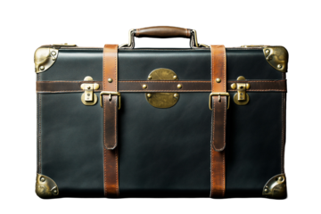 Vintage Black Suitcase with Brown Leather Straps and Brass Hardware - Retro Travel Accessory PPNG Isolated Transparent White Background 4K Full HD Image Photo Picture Object Download