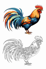 Fototapeta premium Stylized Colorful Rooster Illustration on White Background and Coloring Pages for Adults and Kids