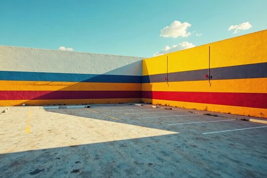 Deserted parking area, bold striped wall feature, sidewalk, parking, horizontal