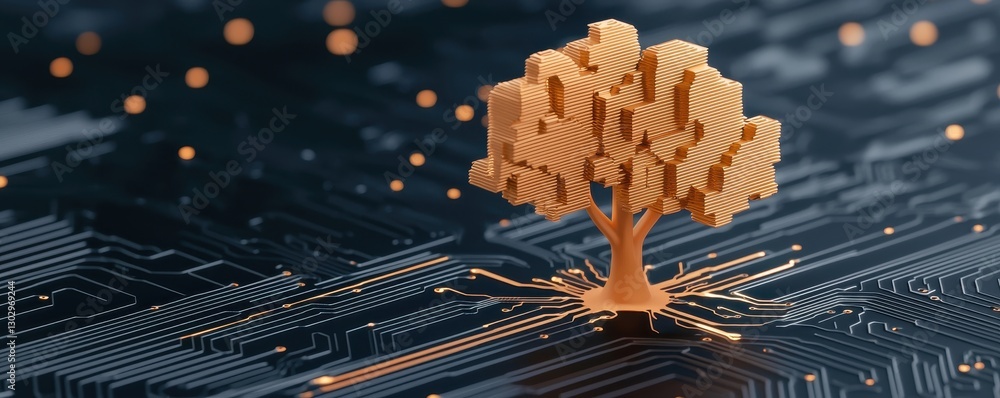 Poster a digital tree emerging from a circuit board, symbolizing the fusion of nature and technology in a v
