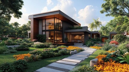 Fototapeta premium modern house with garden and sky modern house exterior design