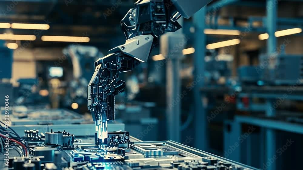 Poster a robotic arm assembling electronics under precise led lighting in a futuristic factory