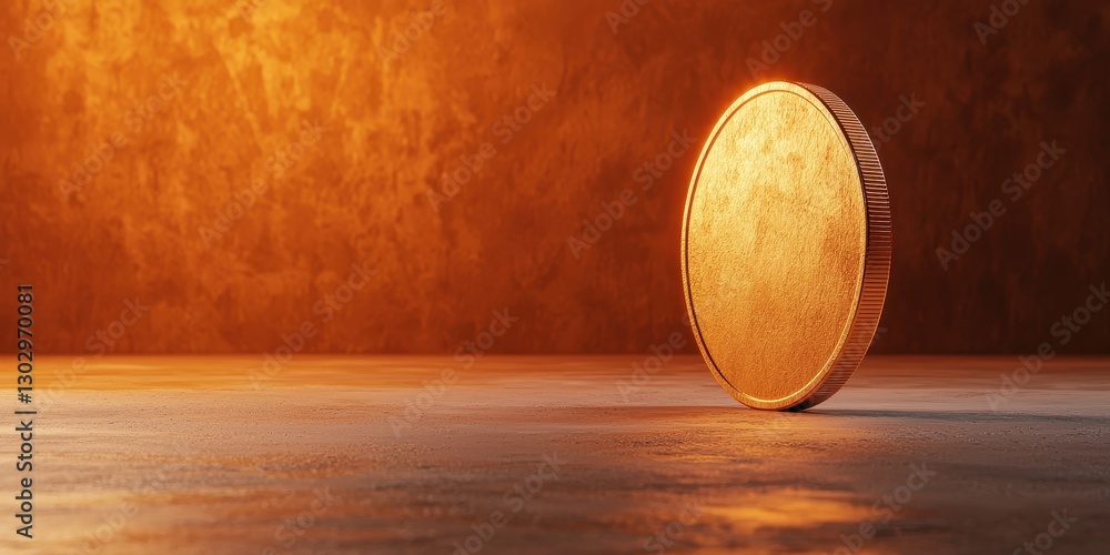 Poster a solitary golden coin stands on a textured surface, illuminated by warm light, creating an inviting