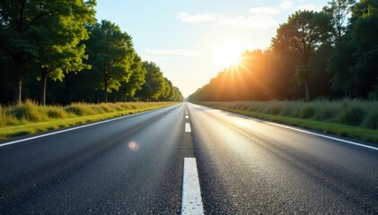 Fototapeta premium Grey asphalt highway, white dashed lines, sun glare , asphalt, lines