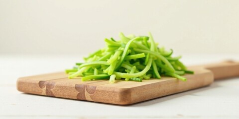 A pile of freshly julienned zucchini rests on a light-colored wooden cutting board, ready for culinary creation