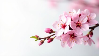 Obraz premium Minimalist composition of blooming cherry blossoms against white background, softness, simplicity