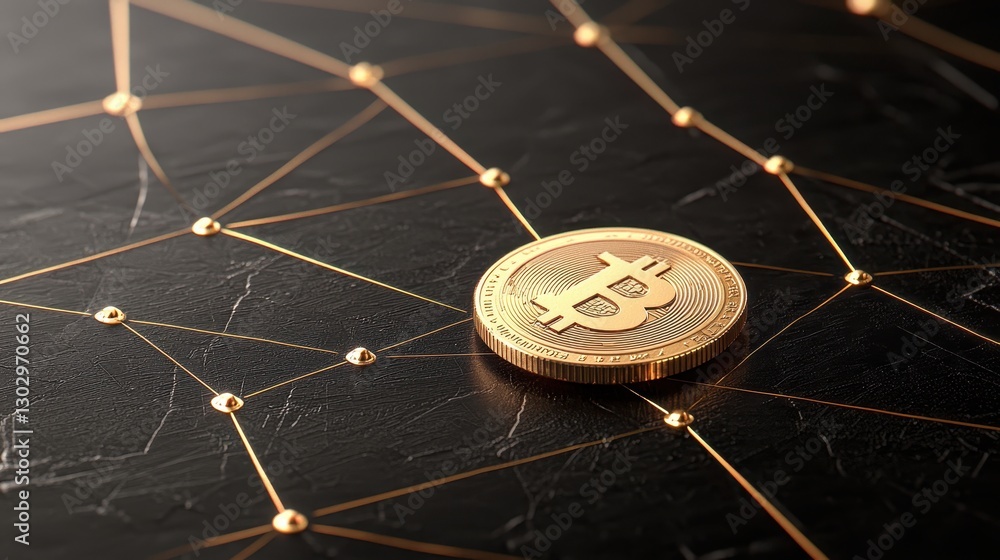 Poster A close-up of a Bitcoin coin resting on a dark, textured surface with interconnected lines representing a digital network.