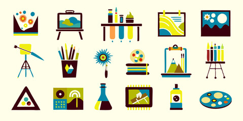 Obraz premium Set of different painting tools colorful icons. Flat images isolated on white background. Vector illustration.