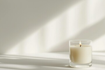 Peaceful white candle glowing softly in a clear glass holder, casting gentle shadows, ideal for relaxation and meditation