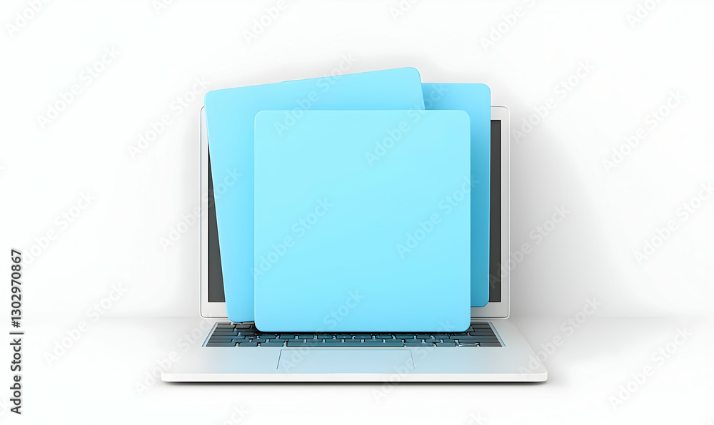 Poster computer laptop with colorful blank document folders on screen