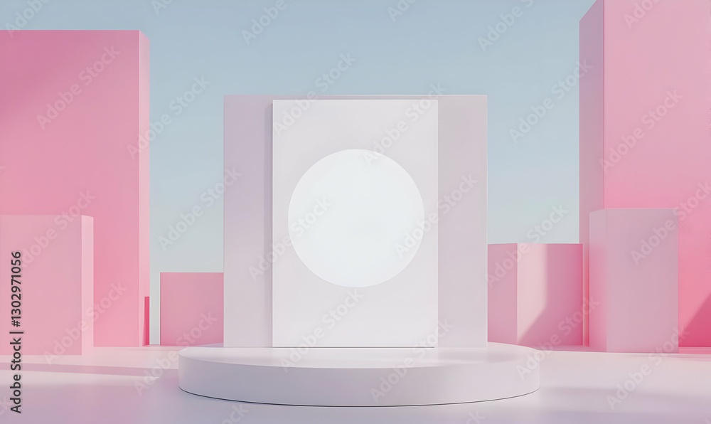 Poster minimalist pink background with abstract white circular display