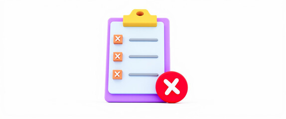 3d render of a checklist clipboard with a red 'x' mark