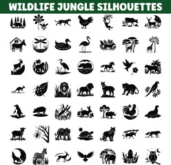 Jungle Wildlife Silhouettes Animals, Birds, Plants, Icons Set