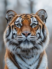 Naklejka premium A powerful tiger stands confidently, its piercing eyes reflecting wisdom and strength, surrounded by a quiet forest background illuminated by soft morning light