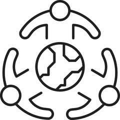 Collaborative teamwork around a globe line icon