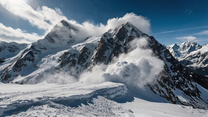 Obraz premium This image captures a dramatic mountain scene. Snow covered peaks rise majestically, with snow and clouds swirling around, likely from a small avalanche or strong winds. 