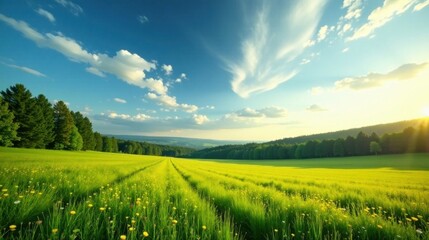 Fototapeta premium Serene Meadow Landscape Sunlit Grassland with Yellow Wildflowers and a Distant Wooded Horizon Under a Blue Sky with Puffy Clouds