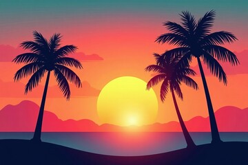 Minimalistic summer website header with palm tree silhouettes against sunset sky, website, minimalistic, silhouettes