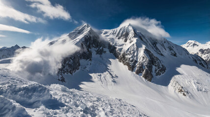 Fototapeta premium This image depicts a stunning alpine landscape with snow covered mountains. 